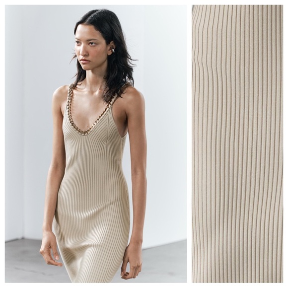 NWT. Zara Light Khaki Chain Trim Ribbed Knit Midi Dress. Size M. - Picture 3 of 10